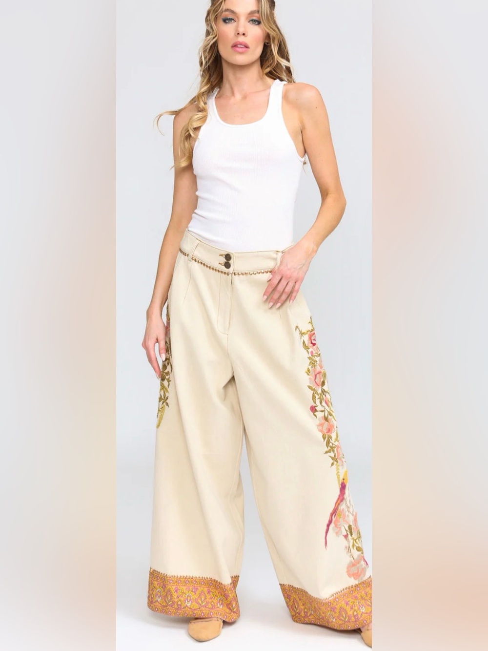 Embroidered Wide-Leg Cream Pants